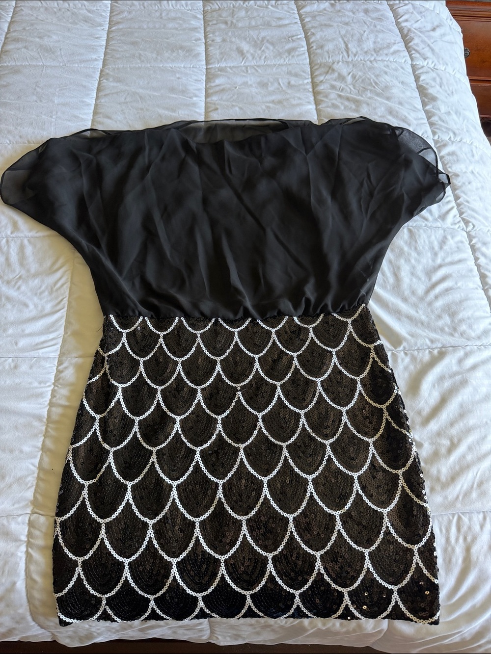 Jessica Black Sheer Top Sequin Scallop Mini Dress